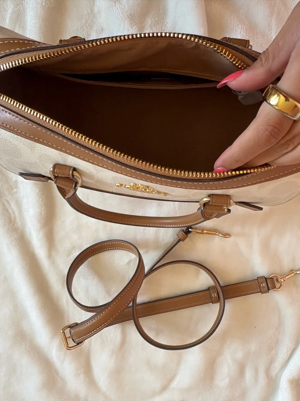 Coach Rowan Cream Signature Canvas Crossbody with Tan Leather Trim